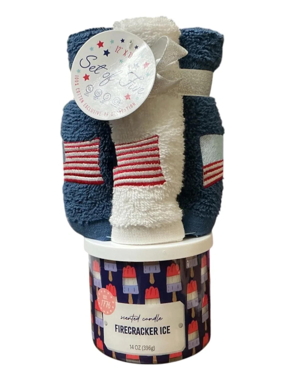 FIRECRACKER ICE  3 wick candle & FIVE PATRIOTIC WASH CLOTHS